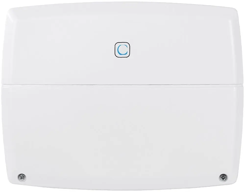 Weißes Gehäuse mit einer blauen Taste, vermutlich für die Verbindung von Daikin-Systemen. Befestigungsschrauben an der Unterseite sichtbar.